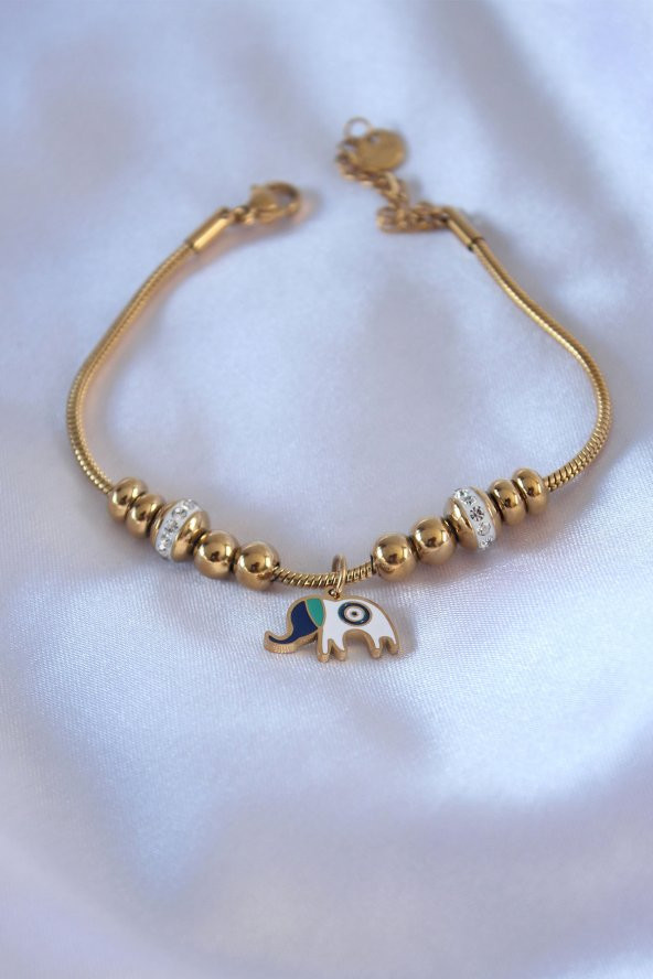 316L Çelik Gold Renk Fil Figür Zirkon Taş Detay Charm Kadın Bileklik ürün görseli