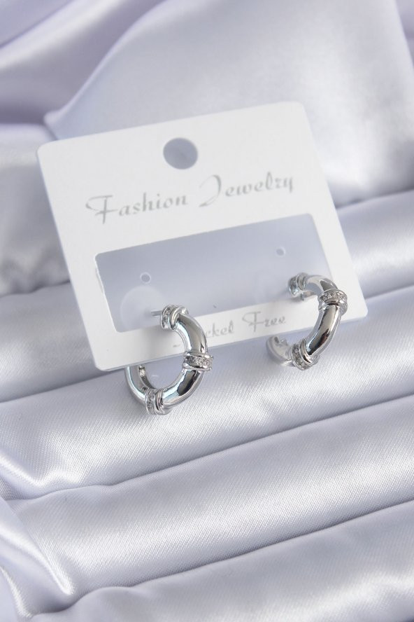 Gümüş Renk Zirkon Taşlı Halka Model Pirinç Kadın Küpe ürün görseli