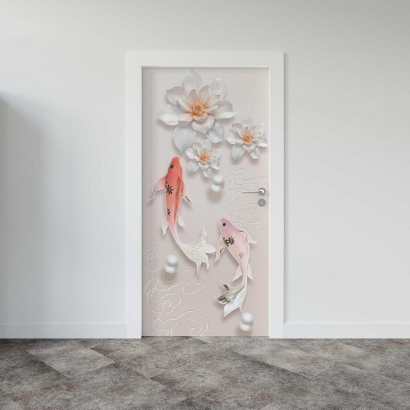 Kapı Giydirme Kapı Sticker Folyosu 3D Balık Çiçek Çizim