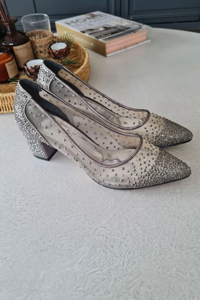 135 5465KT Topukla Kadın İncili Kısa Topuklu Abiye Ayakkabı - Resim 5