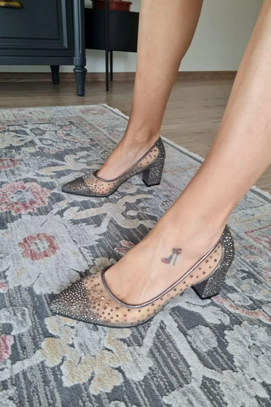 135 5465KT Topukla Kadın İncili Kısa Topuklu Abiye Ayakkabı - Resim 3