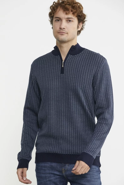 Dik Yaka Yarım Fermuar Triko Kazak - Lacivert - 5