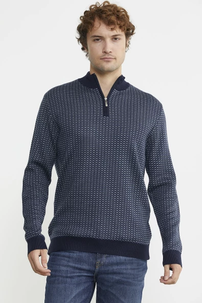 Dik Yaka Yarım Fermuar Triko Kazak - Lacivert - 4