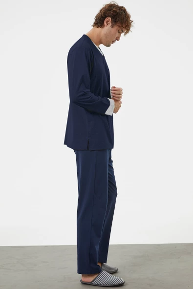 V Yaka Rahat Kalıp Pijama Takım - Lacivert - 2