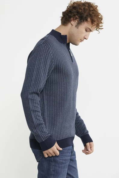 Dik Yaka Yarım Fermuar Triko Kazak - Lacivert - 6