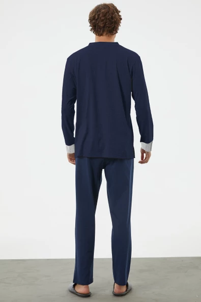 V Yaka Rahat Kalıp Pijama Takım - Lacivert - 3