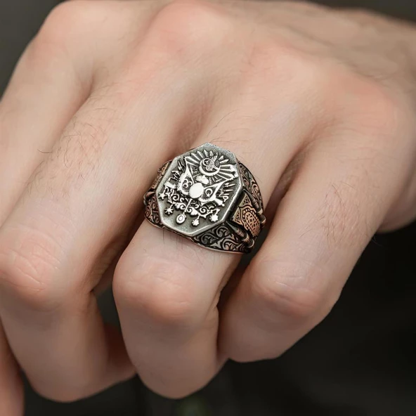 Osmanlı Devleti Armalı 925 Gümüş Erkek Yüzük - 6