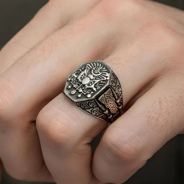 Osmanlı Devleti Armalı 925 Gümüş Erkek Yüzük - 3