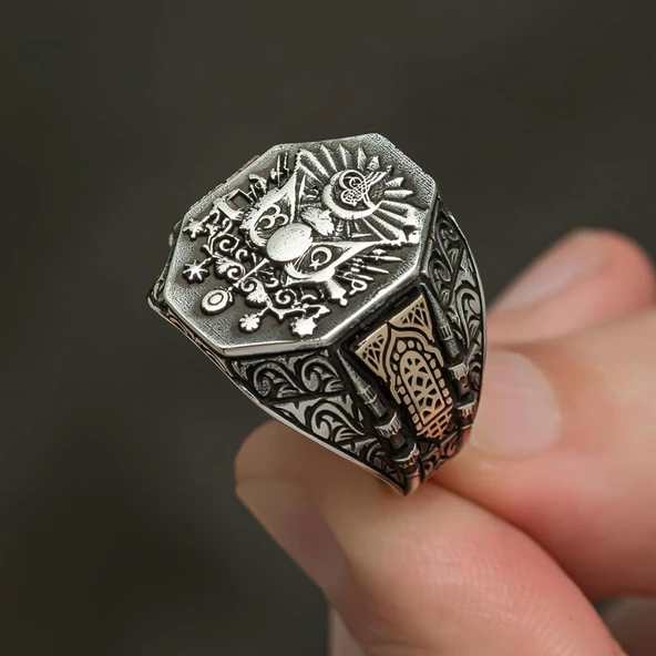 Osmanlı Devleti Armalı 925 Gümüş Erkek Yüzük - 9