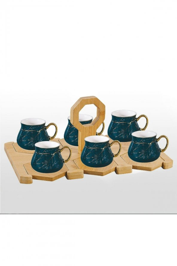 Altıgen Bambu Stantlı 6 Kişilik Kahve Seti (yeşil-gold Desenli)