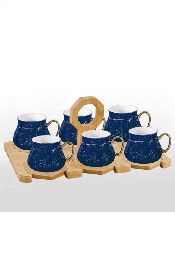 Altıgen Bambu Stantlı 6 Kişilik Kahve Seti (lacivert-gold Desenli)
