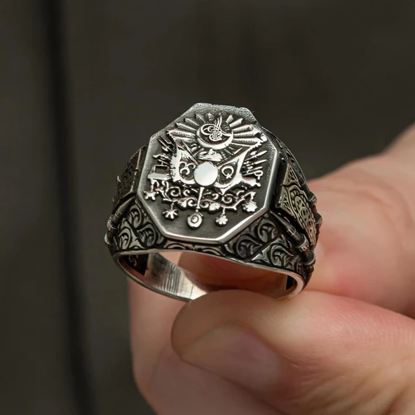 Osmanlı Devleti Armalı 925 Gümüş Erkek Yüzük - 7