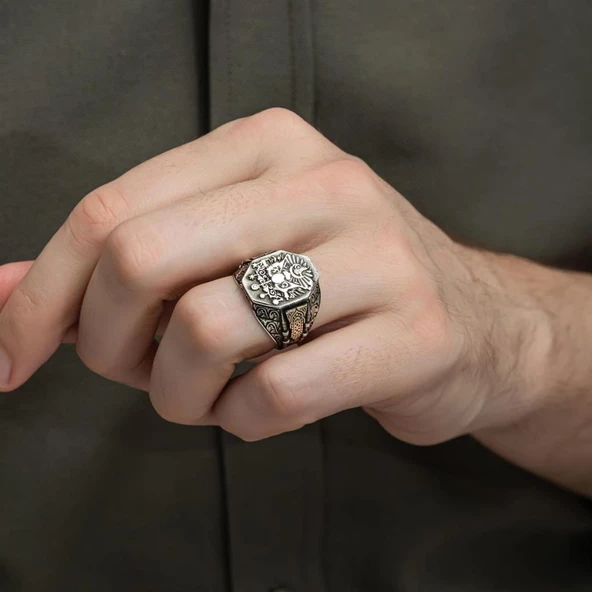 Osmanlı Devleti Armalı 925 Gümüş Erkek Yüzük - 5