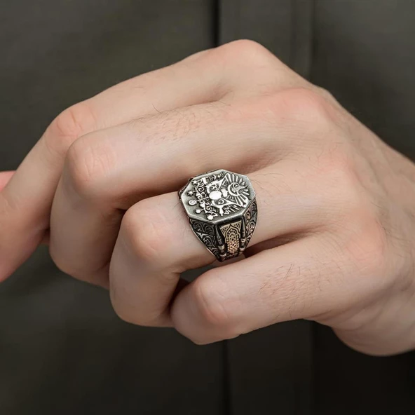 Osmanlı Devleti Armalı 925 Gümüş Erkek Yüzük - 4