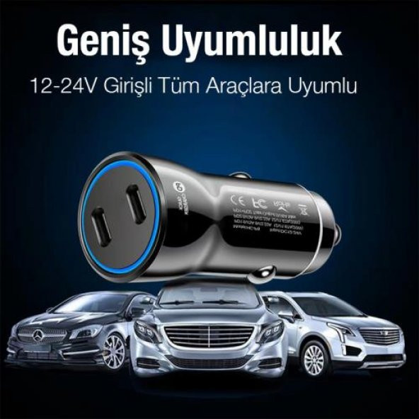 Coofbe 60W Turbo Araç Şarjı 2 Type-c Girişli Şarj Akım Korumalı Araç Çakmaklık Şarjı 12v-24v Araç Şarj - 2