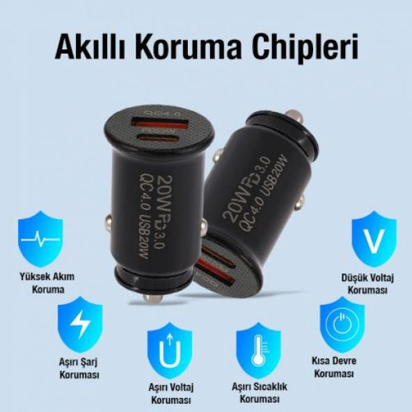 Coofbe Turbo Şarj Akım Korumalı 20W Araç Şarjı USB +Type-C Girişli QC3.0 Araç Çakmaklık Şarj Başlığı - 5