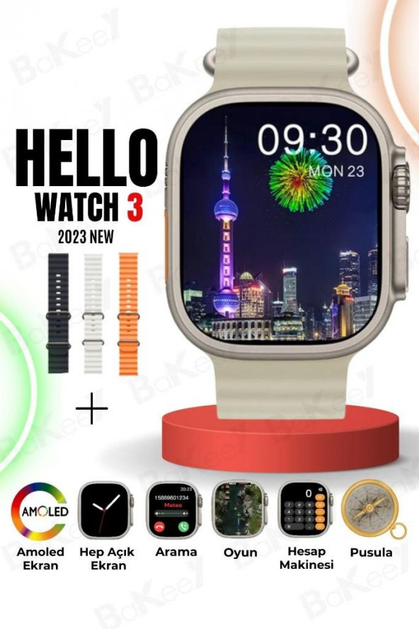Hello Watch 3 Amoled Ekran 3 Kordon Wireless Pusula 4gb Hafıza Watch 8 Akıllı Saat
