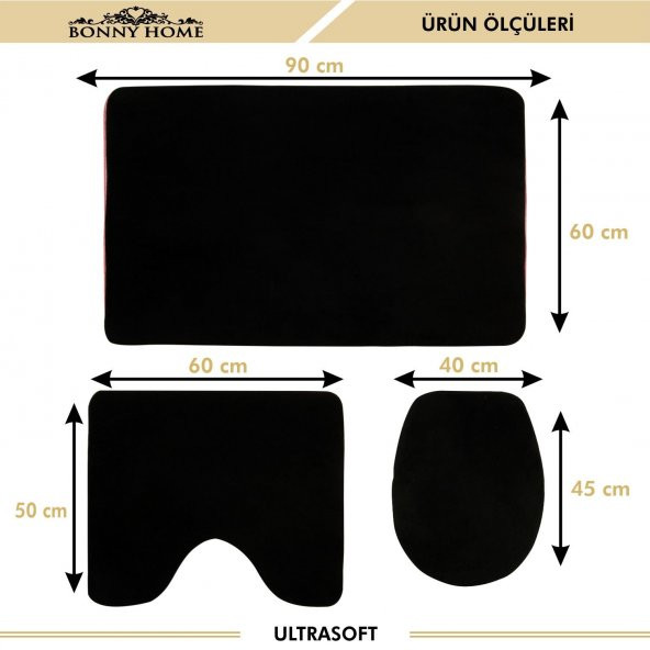 Bonny Home Damask 3’lü Düz Siyah Ultrasoft Banyo Halısı Paspası Seti Kaymaz Tabanlı Klozet Takımı - 3