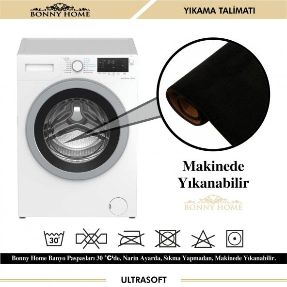 Bonny Home Damask 3’lü Düz Siyah Ultrasoft Banyo Halısı Paspası Seti Kaymaz Tabanlı Klozet Takımı - 4