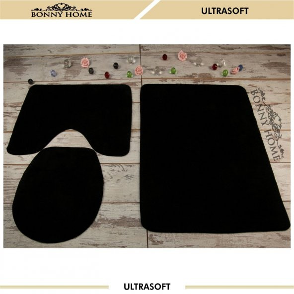 Bonny Home Damask 3’lü Düz Siyah Ultrasoft Banyo Halısı Paspası Seti Kaymaz Tabanlı Klozet Takımı - 5
