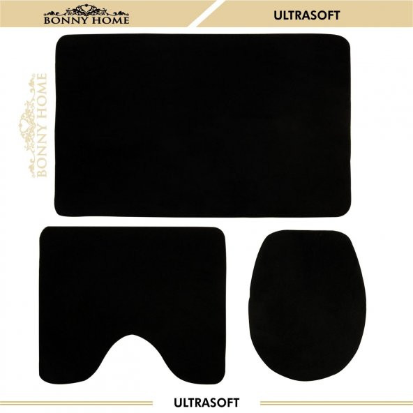Bonny Home Damask 3’lü Düz Siyah Ultrasoft Banyo Halısı Paspası Seti Kaymaz Tabanlı Klozet Takımı - 7