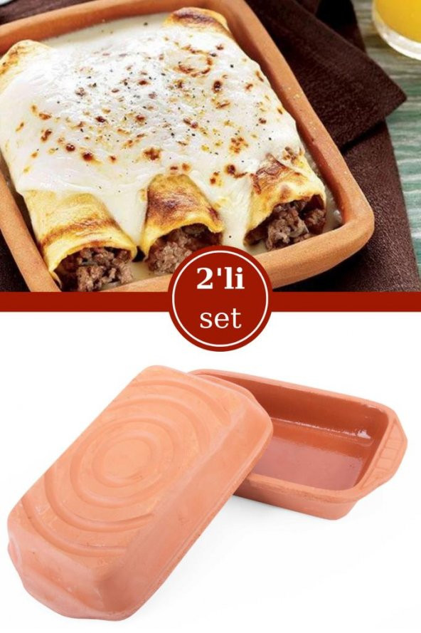 Elizi Çömlekleri 2’li Dikdörtgen Sırlı Fırın Tepsisi, Toprak Güveç Fırın Kabı Seti SIRLI (25x15cm) ürün görseli 1
