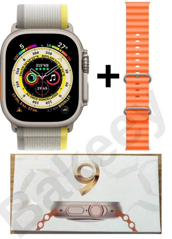 Bakeey Ultra 9 Akıllı Saat 2 Kordonlu 49mm Kasa Siri Pusula Nabız Oyun Gri Akıllı Saat Watch 8 9