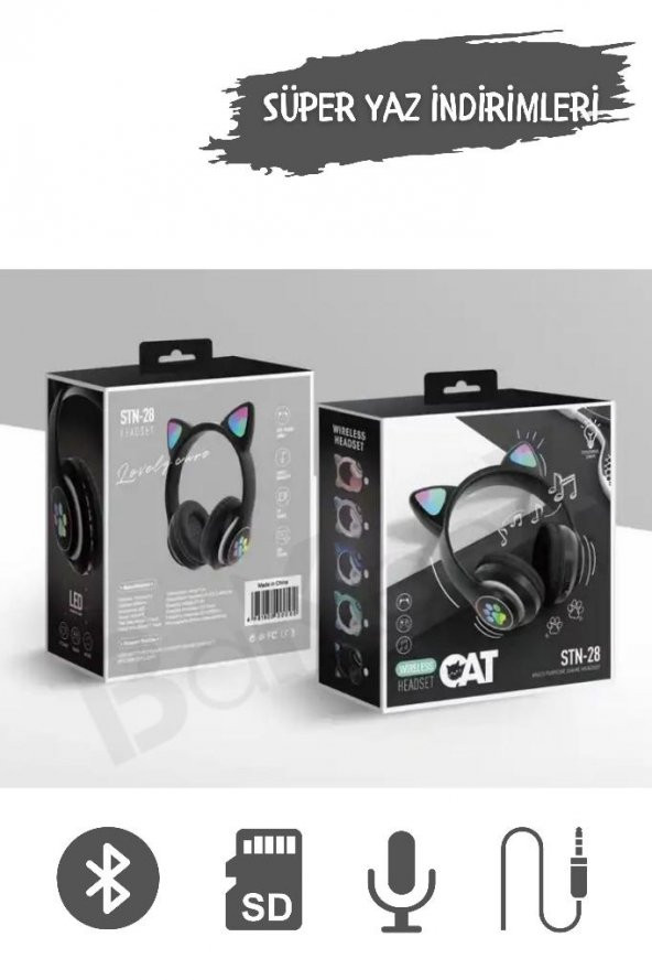 Yetişkin Kulaklık Led Işıklı Mikrofonlu Hafıza Kartı Aux Girişli Kablosuz Bluetooth Kedi Kulaklık - 2