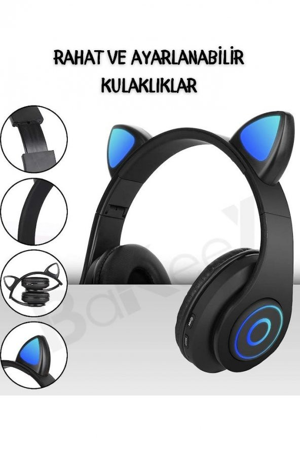 Yetişkin Kulaklık Led Işıklı Mikrofonlu Hafıza Kartı Aux Girişli Kablosuz Bluetooth Kedi Kulaklık - 5
