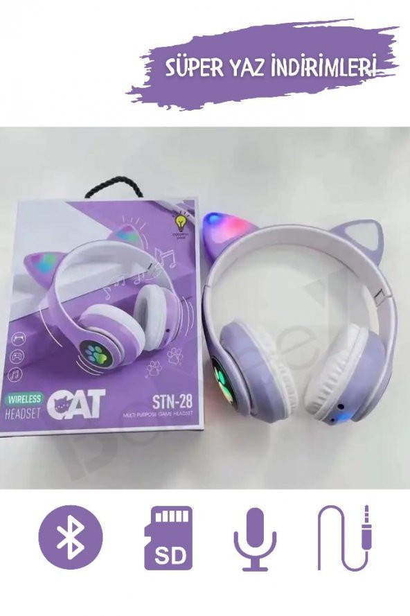 Yetişkin Kulaklık Led Işıklı Mikrofonlu Hafıza Kartı Aux Girişli Kablosuz Bluetooth Kedi Kulaklık - 11
