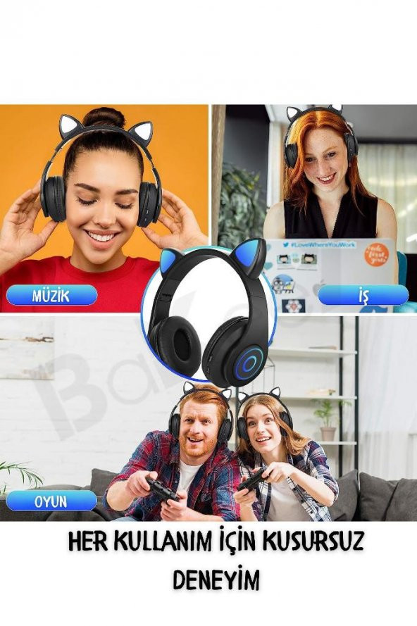 Yetişkin Kulaklık Led Işıklı Mikrofonlu Hafıza Kartı Aux Girişli Kablosuz Bluetooth Kedi Kulaklık - 12