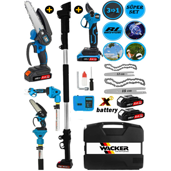 Wacker Pro Blue 1400 vf 25 Ah Akülü Şarjlı Dal Kesme Testeresi + Budama Makası + 3,10 Metre Teleskopik Uzatma