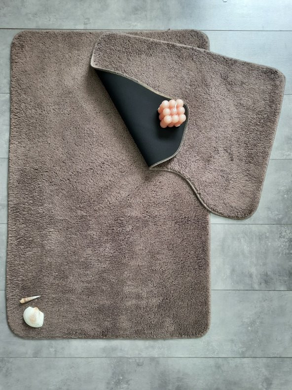 Ultrasoft Düz Kapuçino 2li Banyo Halısı Paspası Seti Kaymaz Deri Tabanlı Yıkanabilir Klozet Takımı