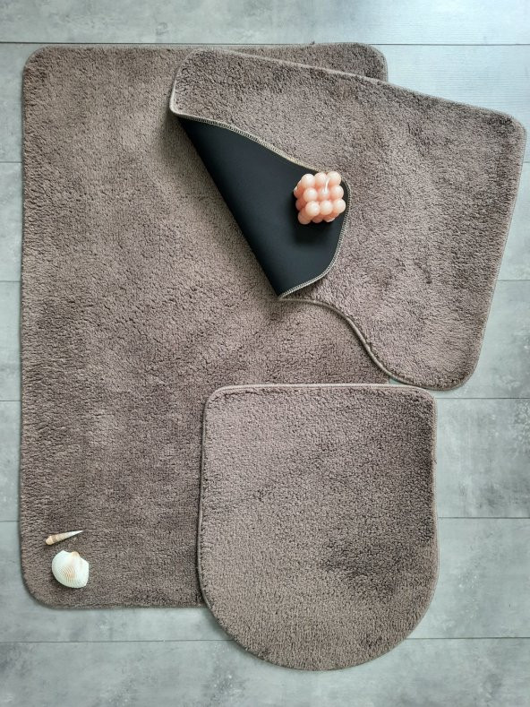 Ultrasoft Düz Kapuçino 3’lü Banyo Halısı Paspası Seti Kaymaz Deri Tabanlı Yıkanabilir Klozet Takımı - 2