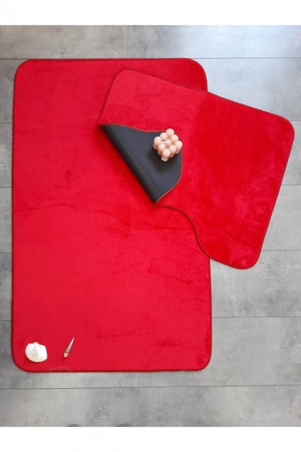 Ultrasoft Düz Kırmızı 2li Banyo Halısı Paspası Seti Kaymaz Deri Tabanlı Yıkanabilir Klozet Takımı