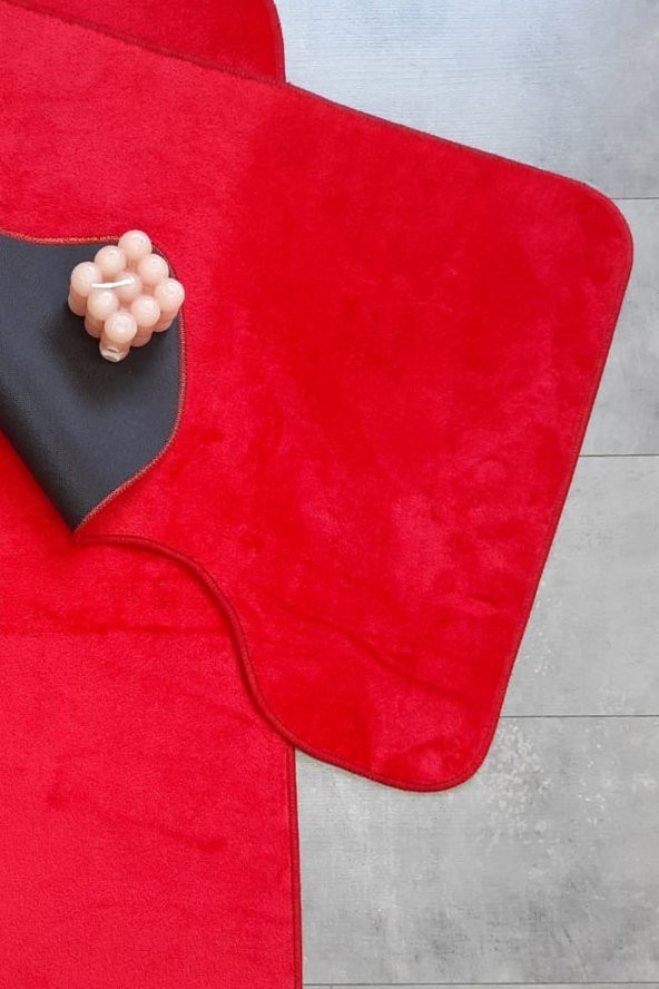 Ultrasoft Düz Kırmızı 2li Banyo Halısı Paspası Seti Kaymaz Deri Tabanlı Yıkanabilir Klozet Takımı - 3