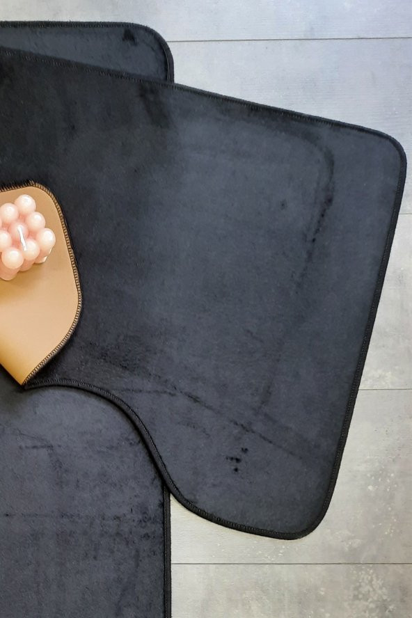 Ultrasoft Düz Siyah 2li Banyo Halısı Paspası Seti Kaymaz Taban Makinede Yıkanabilir Klozet Takımı - 3