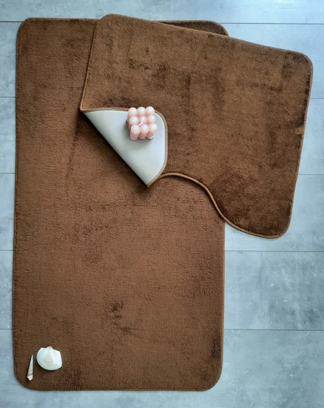 Ultrasoft Düz Kahve 2li Banyo Halısı Paspası Seti Kaymaz Deri Tabanlı Yıkanabilir Klozet Takımı