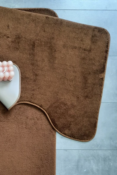 Ultrasoft Düz Kahve 2li Banyo Halısı Paspası Seti Kaymaz Deri Tabanlı Yıkanabilir Klozet Takımı - 3