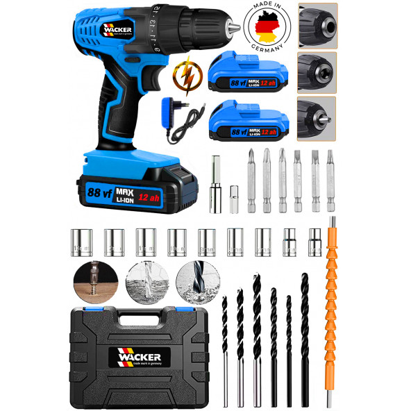 Wacker Pro Germany SMart Blue 58 V 12 Ah Çelik Şanzuman Bakır Sargılı Çift Akülü Şarjlı Matkap 27 Pcs Set