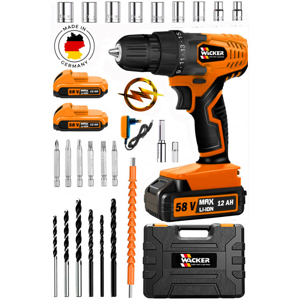 Wacker Pro Germany Orange StarWalt XR Prof 58 V 12 Ah Çelik Şanzuman Çift Akülü Şarjlı Matkap +Tamir Seti