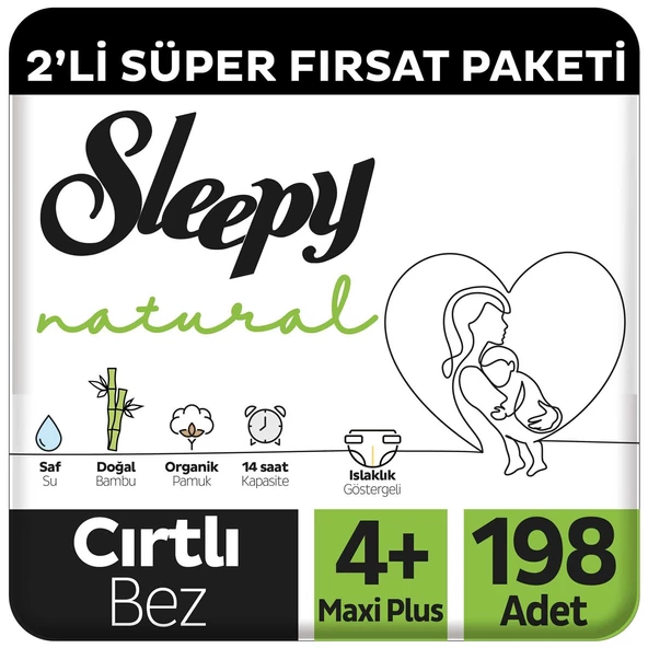 Sleepy Natural 2'li Süper Fırsat Paketi Bebek Bezi 4+ Numara Maxi Plus 198 Adet