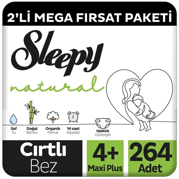 Sleepy Natural 2'li Mega Fırsat Paketi Bebek Bezi 4+ Numara Maxi Plus 264 Adet