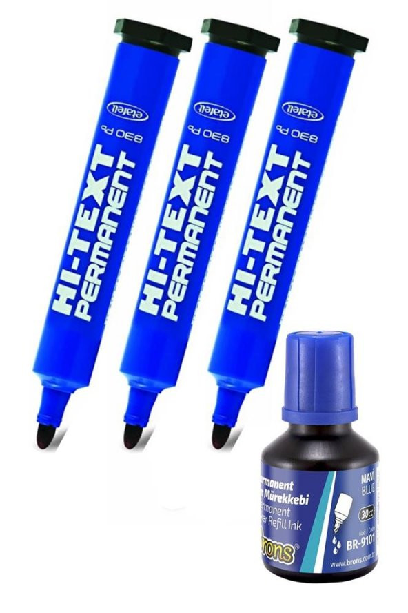 Mavi Yuvarlak Uçlu Markör Permanent Kalem 3 Adet Hı-Text Marker Mürekkep Mavi 30 Ml 1 Adet Brons Koli Kalemi