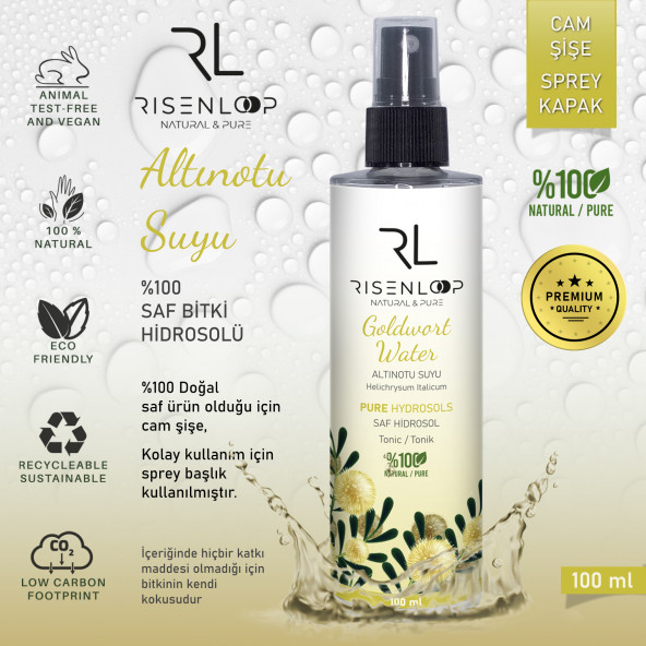 RisenLoop Altınotu Suyu %100 Saf Doğal Hidrosol Tonik Cam Şişe Helichrysum italicum 1.Distilasyon 100ml