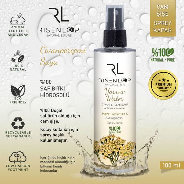 RisenLoop Civanperçemi Suyu %100 Saf Doğal Hidrosol Tonik Cam Şişe Achillea Millefolium 1.Distilasyon 100ml