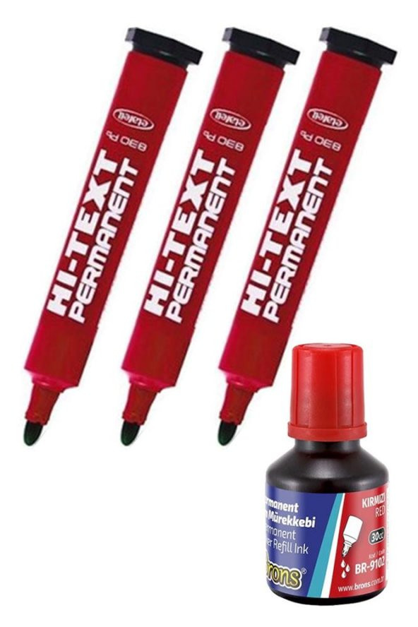 Kırmızı Yuvarlak Uçlu Markör Permanent Kalem 3 Adet Hı-Text Marker Mürekkep Kırmızı 30 Ml 1 Adet Brons Koli Kalemi