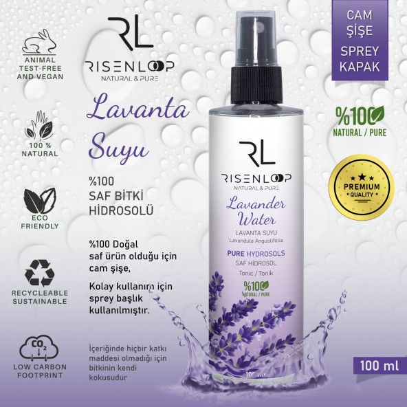 RisenLoop Lavanta Suyu %100 Saf Doğal Hidrosol Tonik Cam Şişe Lavandula intermedia 1.Distilasyon 100 ml