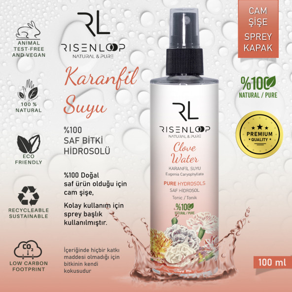 RisenLoop Karanfil Suyu %100 Saf Doğal Hidrosol Tonik Cam Şişe Eugenia caryophyllata 1.Distilasyon 100ml