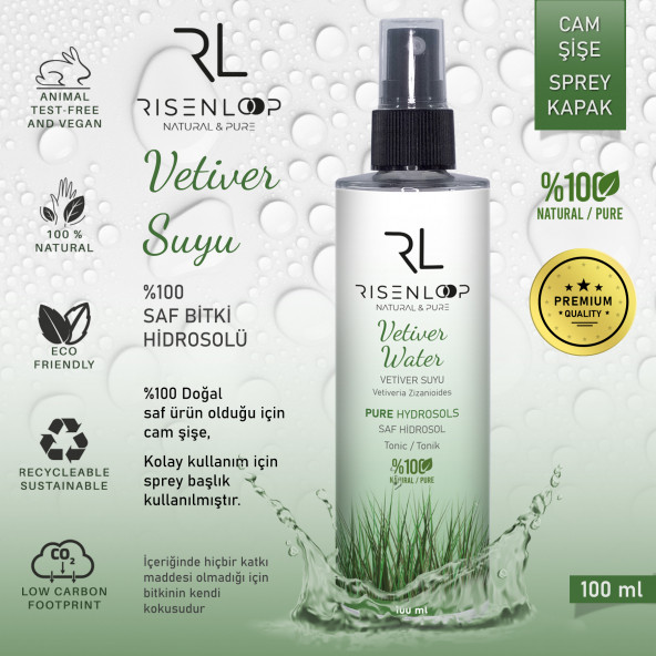 RisenLoop Vetiver Suyu %100 Saf Doğal Hidrosol Tonik Cam Şişe Vetiveria Zizanioide 1.Distilasyon 100ml